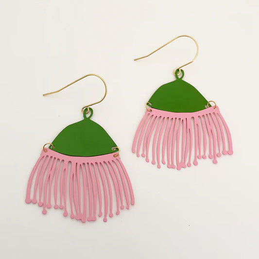 DENZ & CO - Gum Blossom - Pink & Green - painted steel - DANGLE EARRINGS